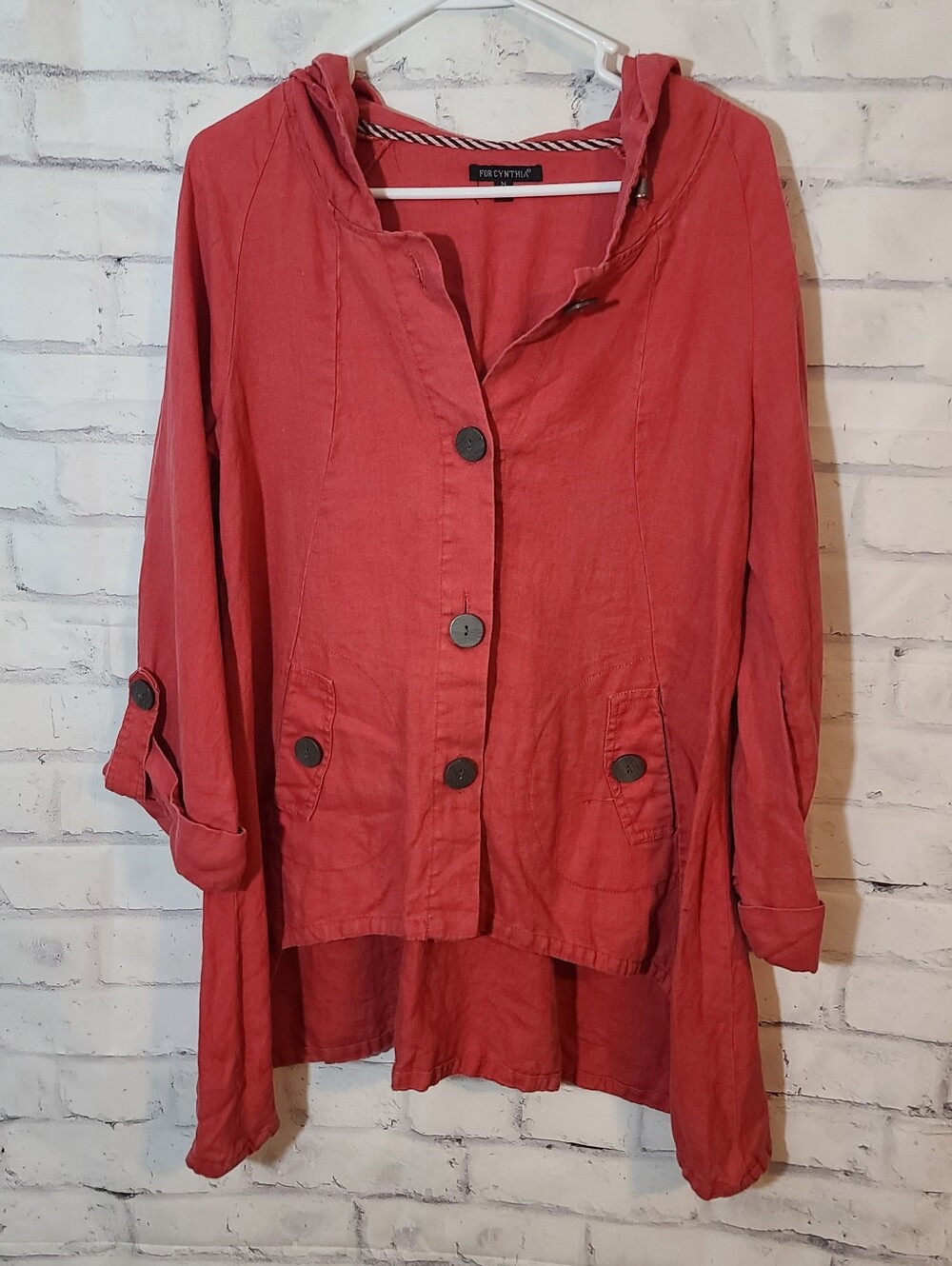 For Cynthia Linen Lagenlook Red Hooded Hi Low Button Front Jacket M